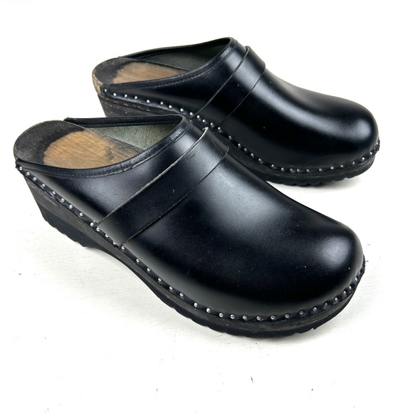 Troentorp Swedish Clogs Size US Mens 11 / EU 45 Black Leather Wooden Heel - Picture 1 of 7